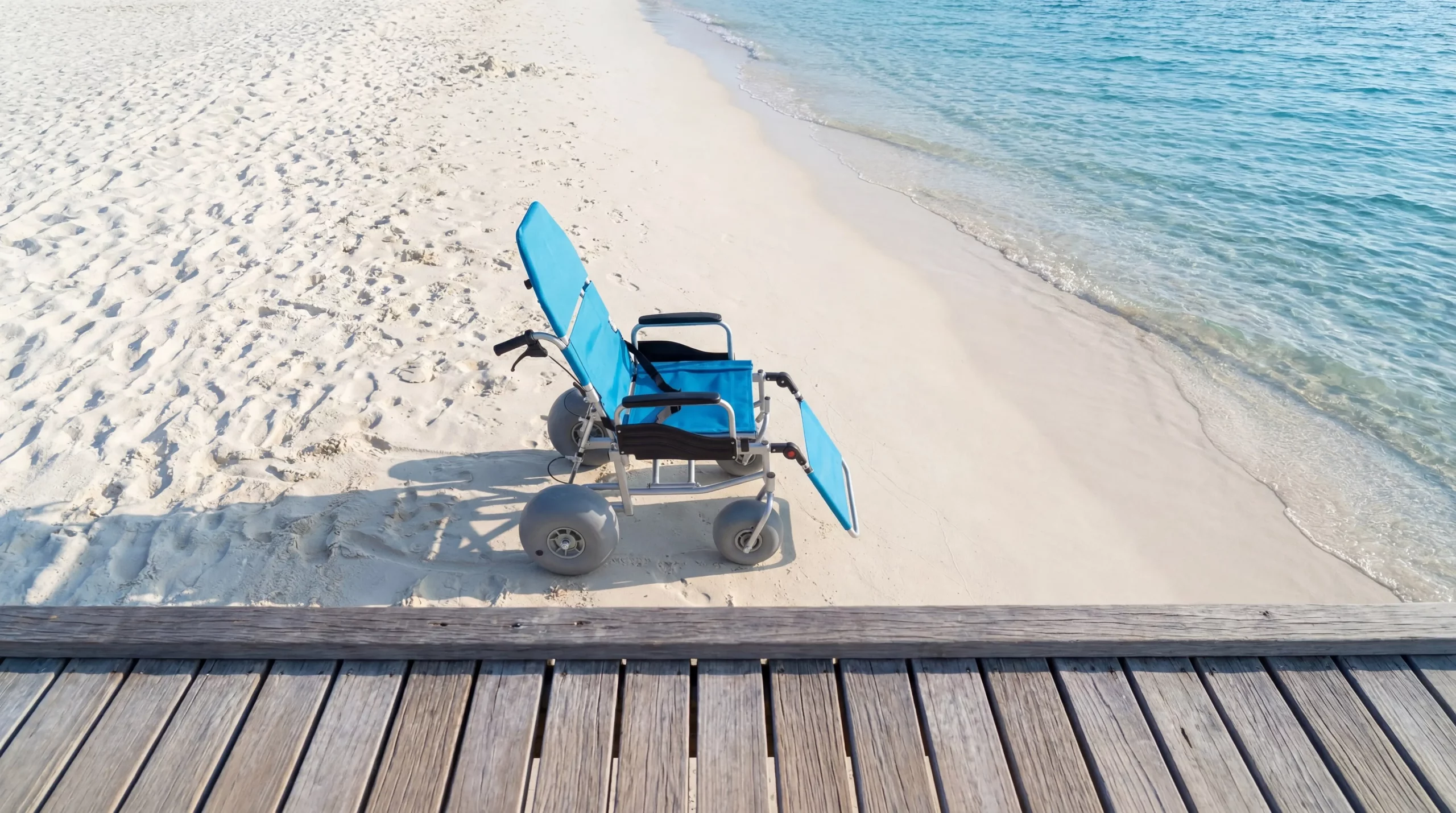 All-Terrain Beach Wheelchair with balloon tires on sand