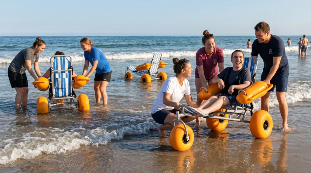 Floating beach wheelchair near the waterline