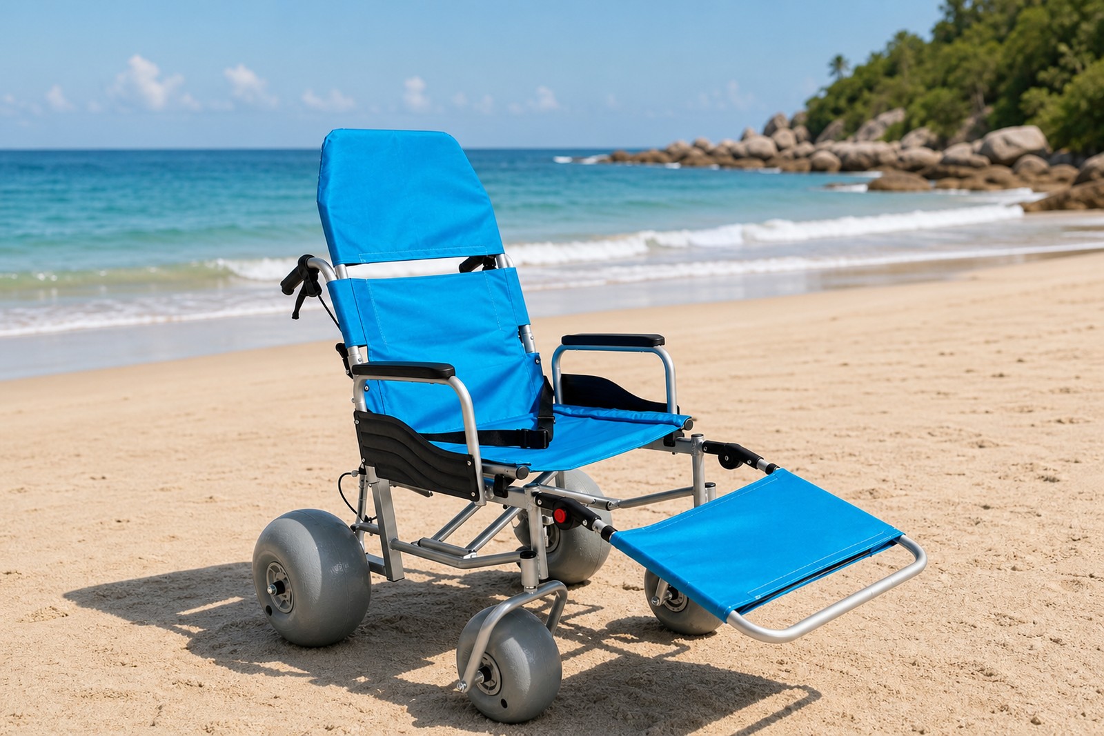 All-terrain beach wheelchair design features for soft sand