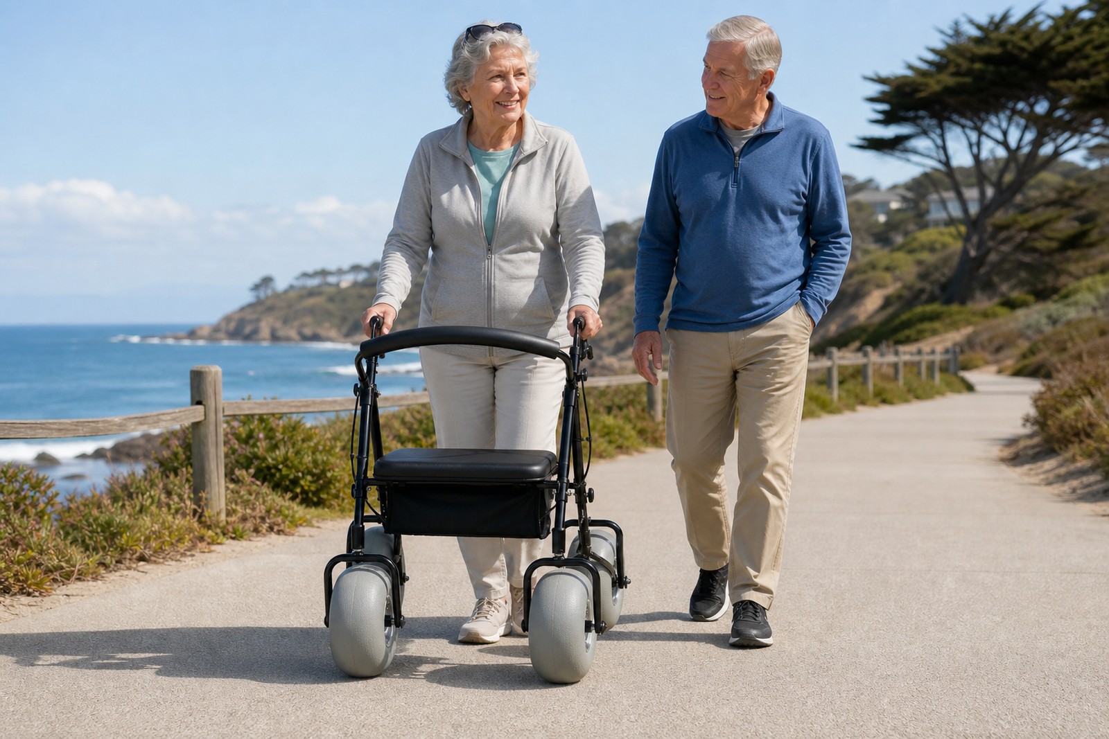 Older adult benefiting from a seated beach walker