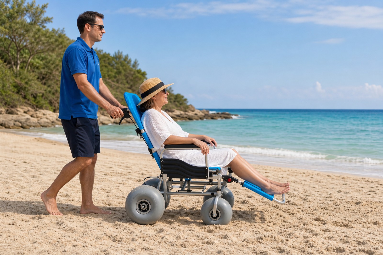 All-terrain beach wheelchair moving across soft sand
