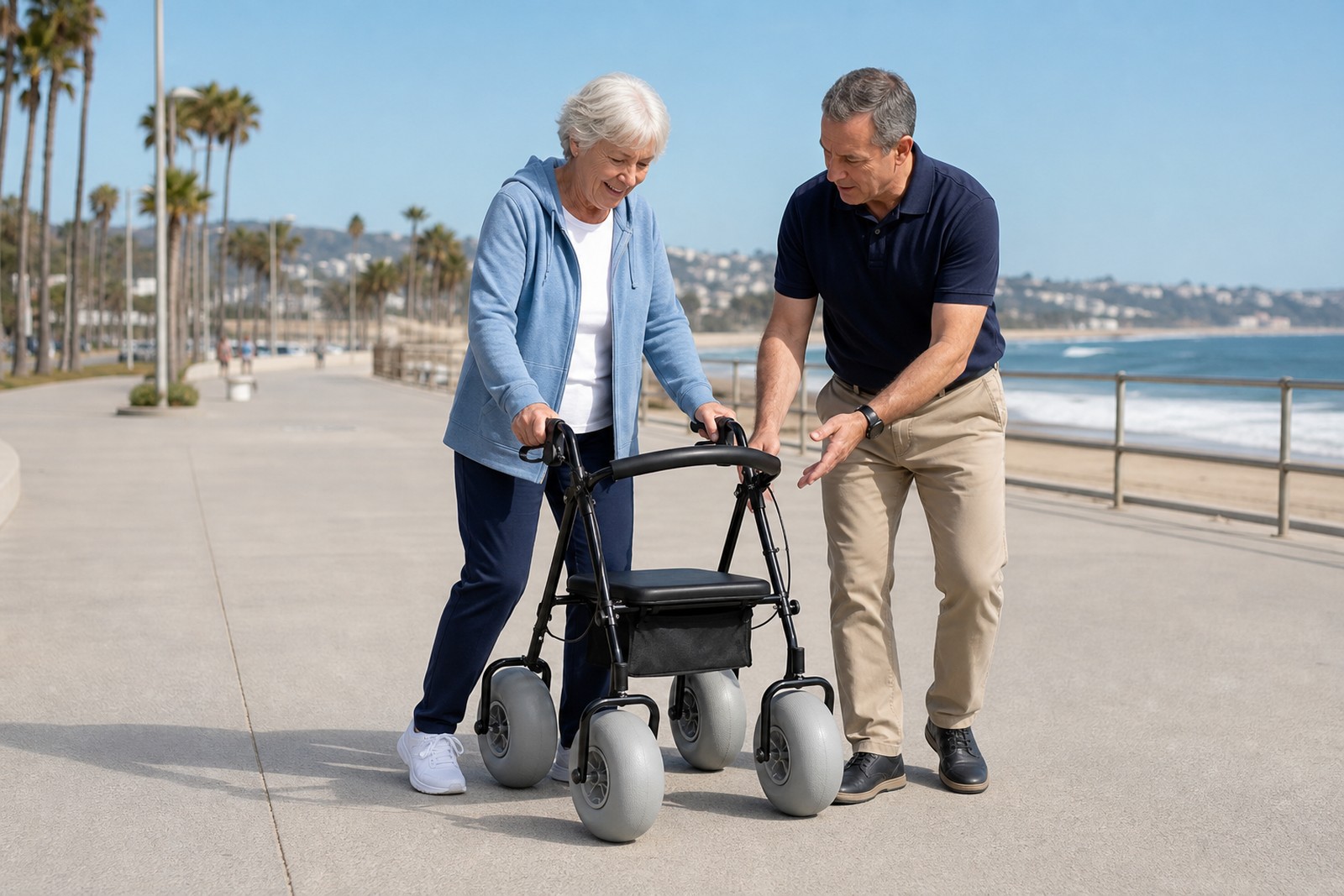 Senior practicing with a beach walker on firm ground