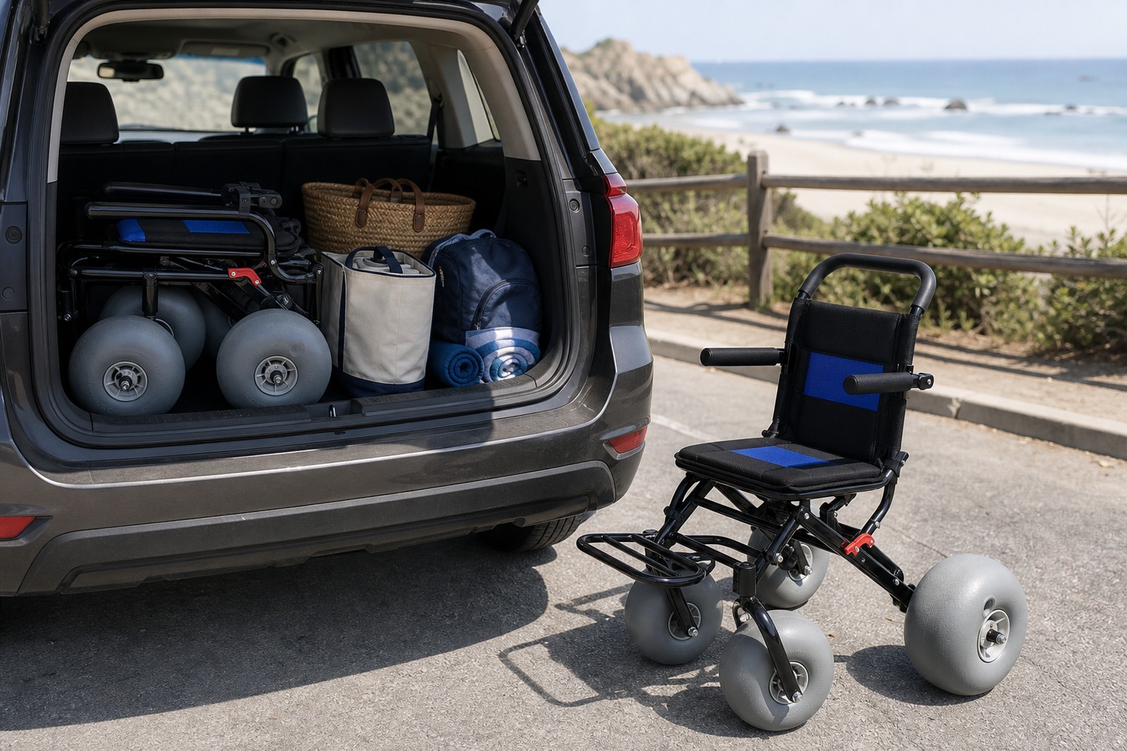 Lightweight beach wheelchair prepared for vehicle travel