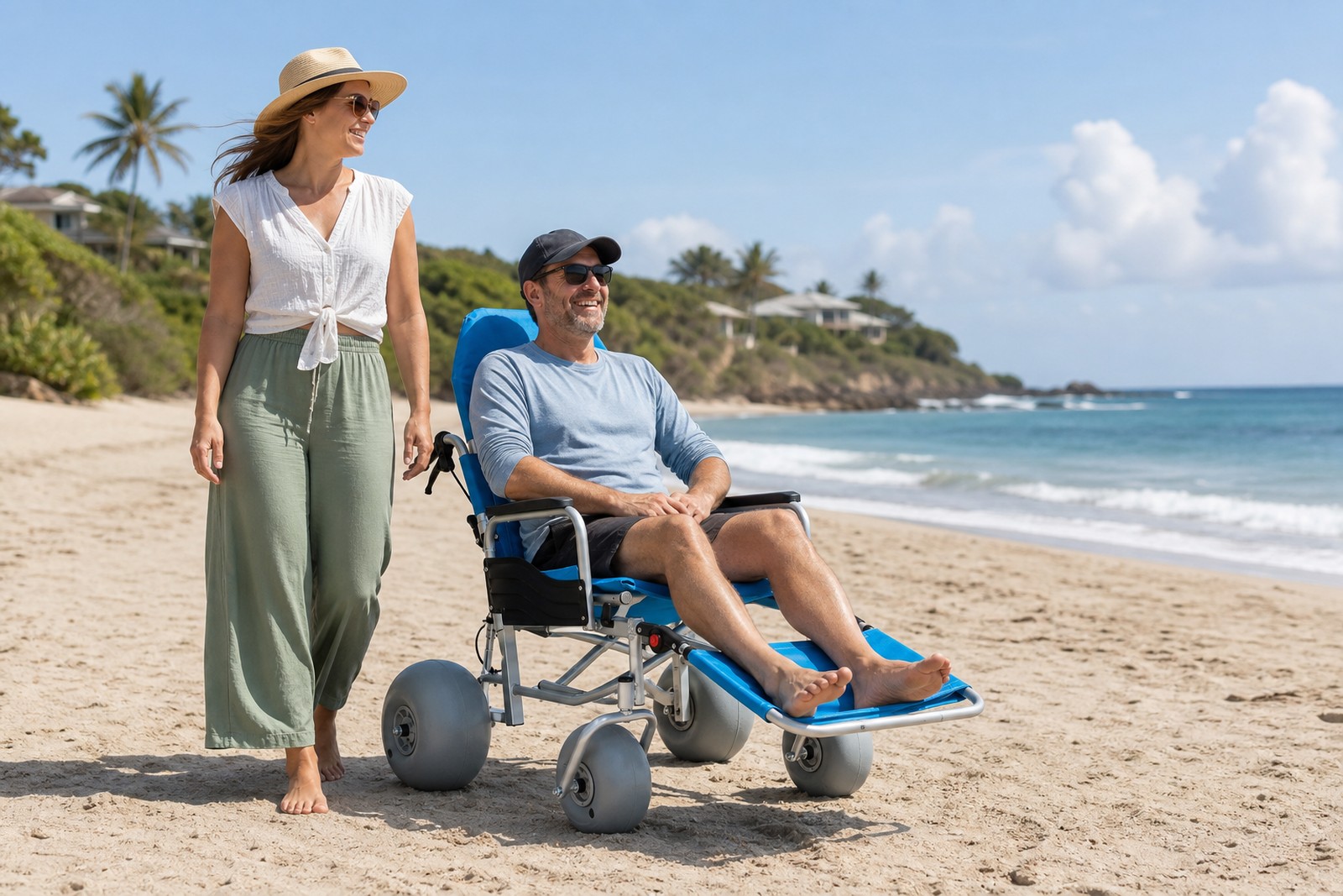 User supported in an all-terrain beach wheelchair