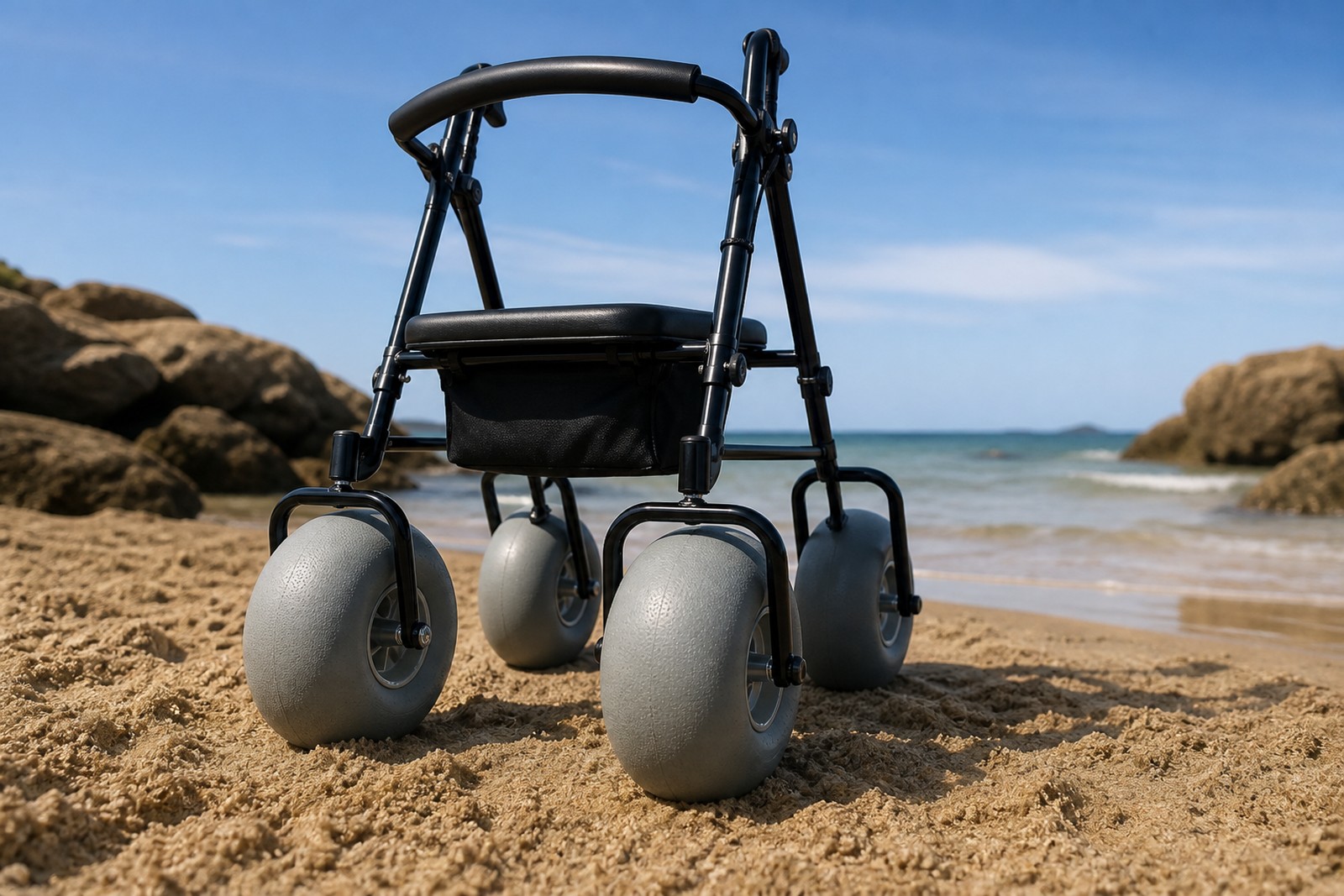 Wide low-pressure wheels on a beach walker
