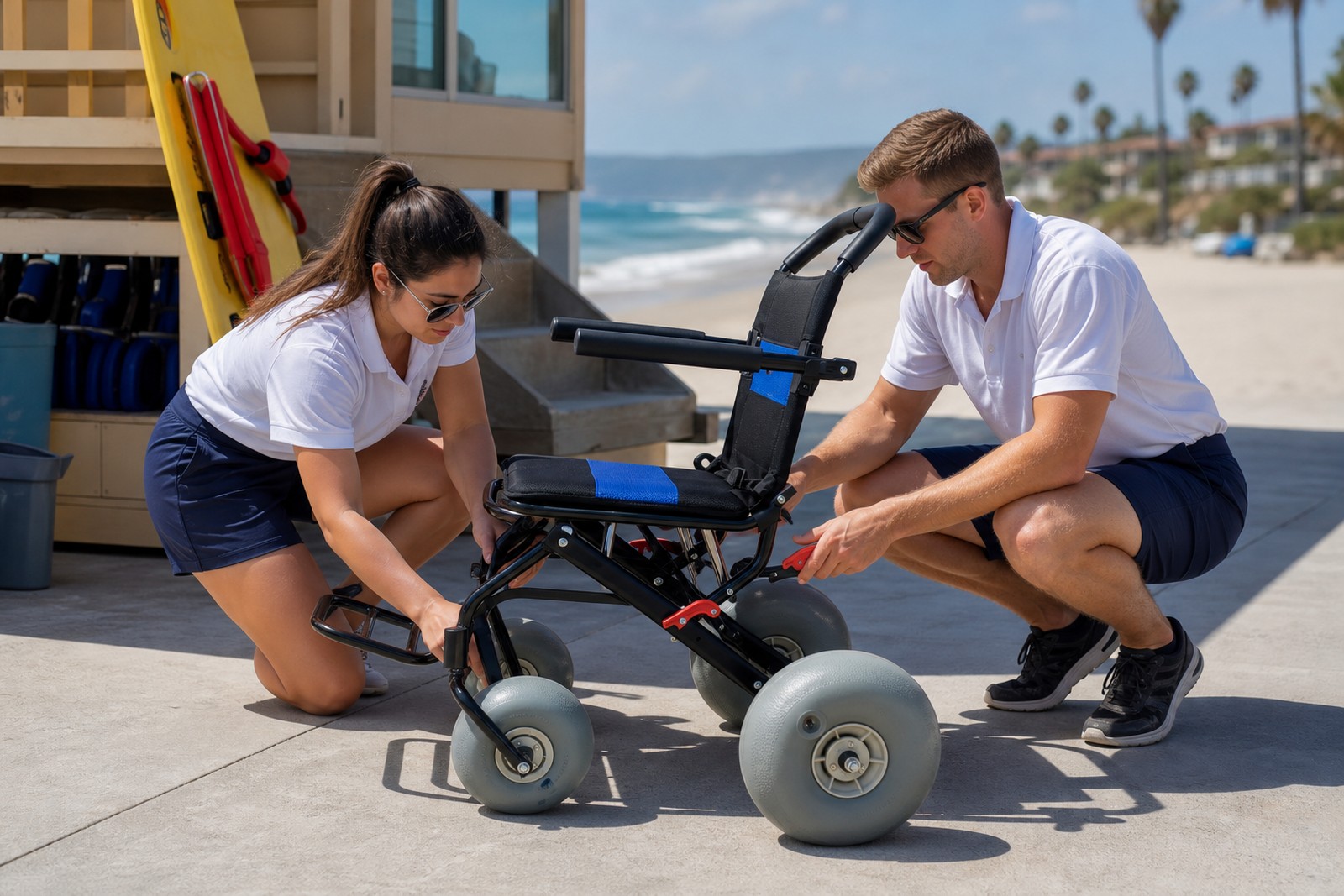 Staff setup sequence for a lightweight beach wheelchair