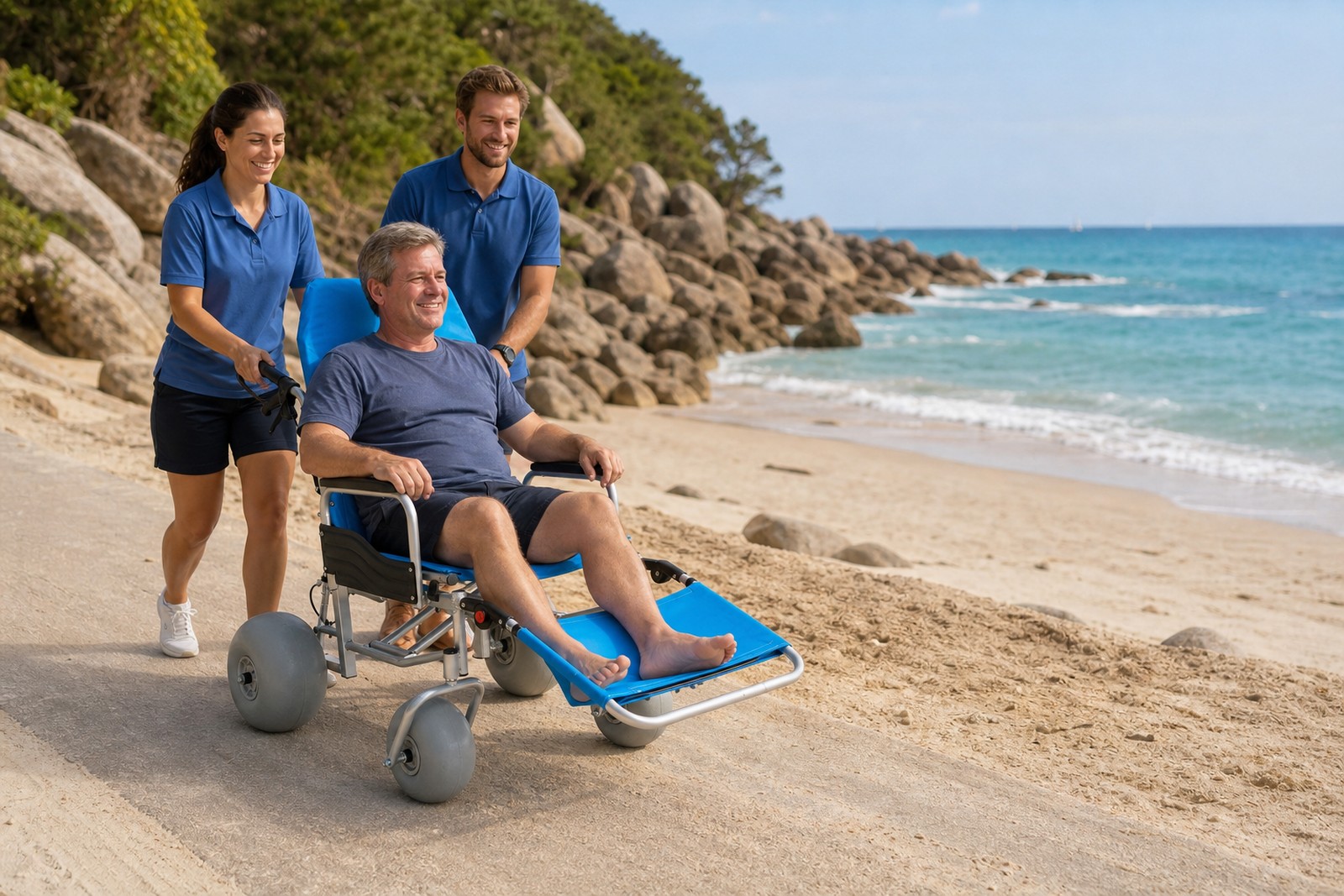 Staff safely handling an all-terrain beach wheelchair on a slope