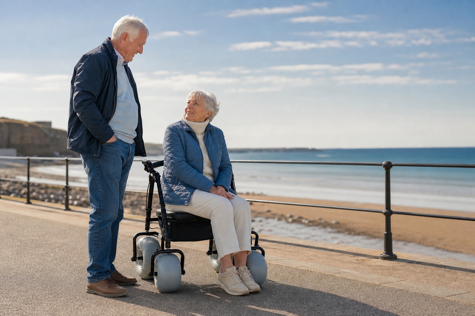Older adult resting safely on a seated beach walker