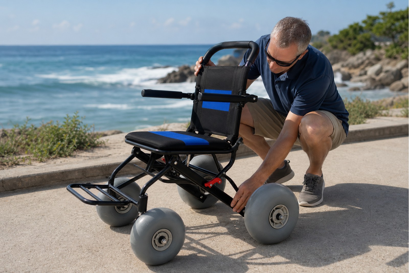 Pre-use safety check for a lightweight beach wheelchair
