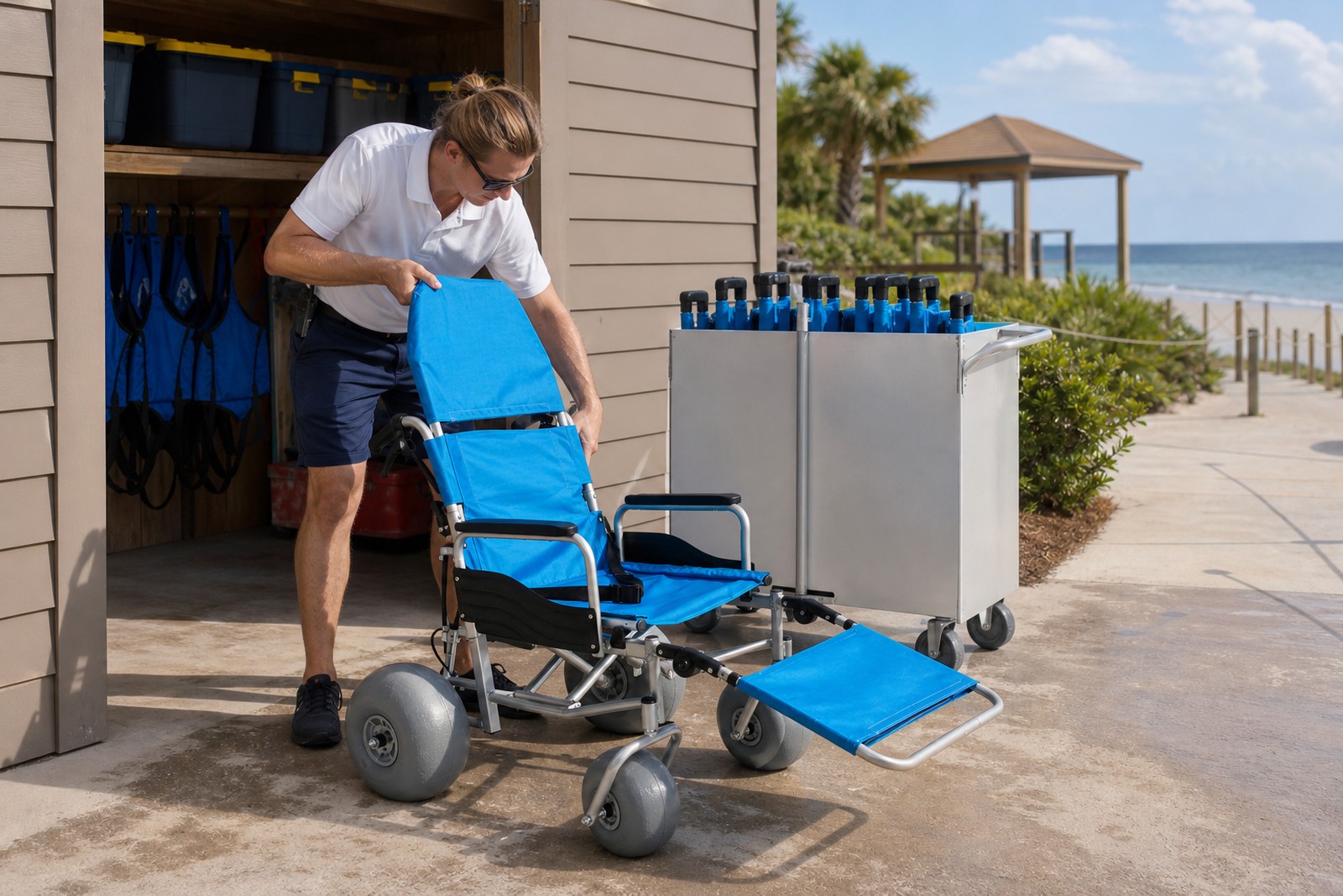 All-terrain beach wheelchair prepared for transport and storage