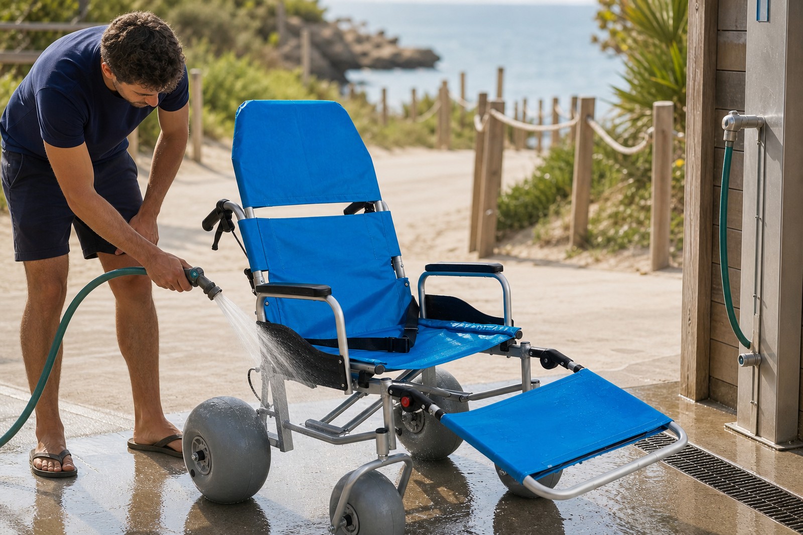 Fresh-water cleaning of an all-terrain beach wheelchair