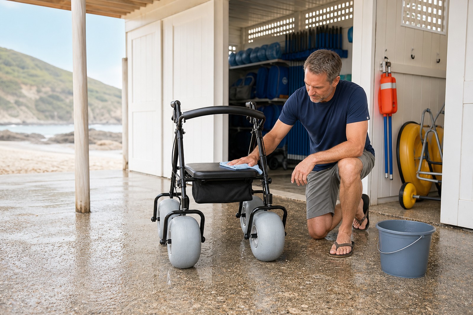 Fresh-water cleaning and dry storage for a beach walker