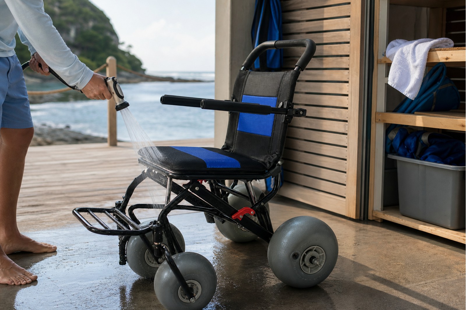Cleaning and storing a lightweight beach wheelchair
