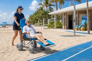 All-terrain beach wheelchair providing accessible travel on soft sand