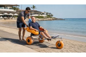 Floating beach wheelchair supporting safe resort shoreline access