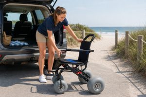 Lightweight beach wheelchair ready for an accessible coastal trip