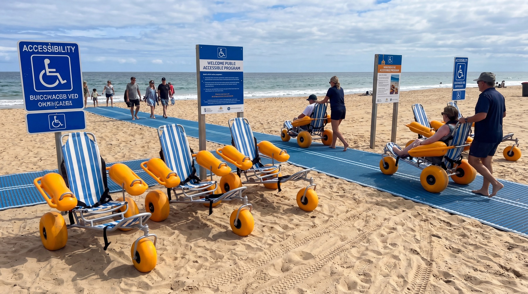 Floating beach wheelchair rental station
