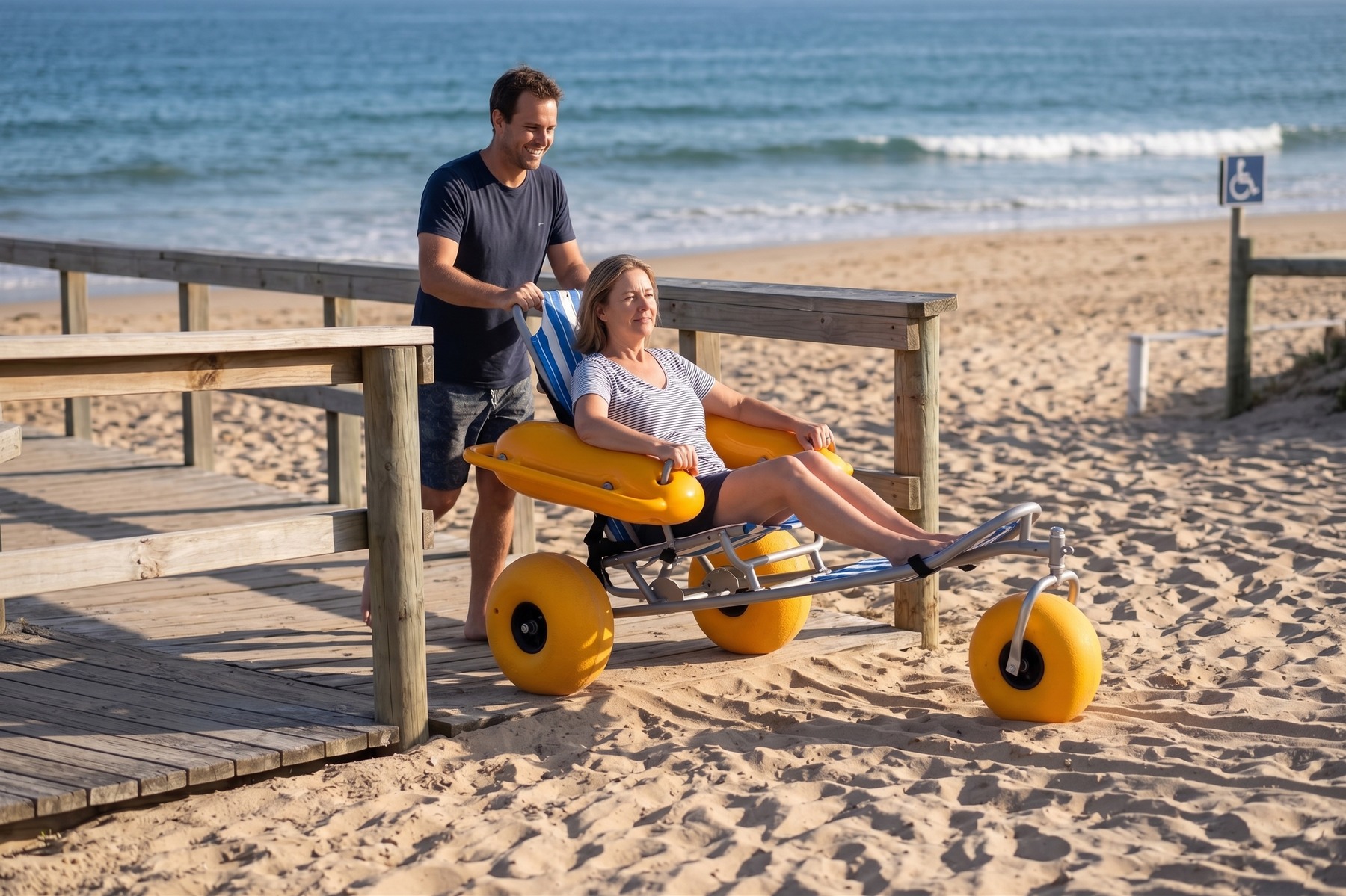 Floating beach wheelchair assisted transfer