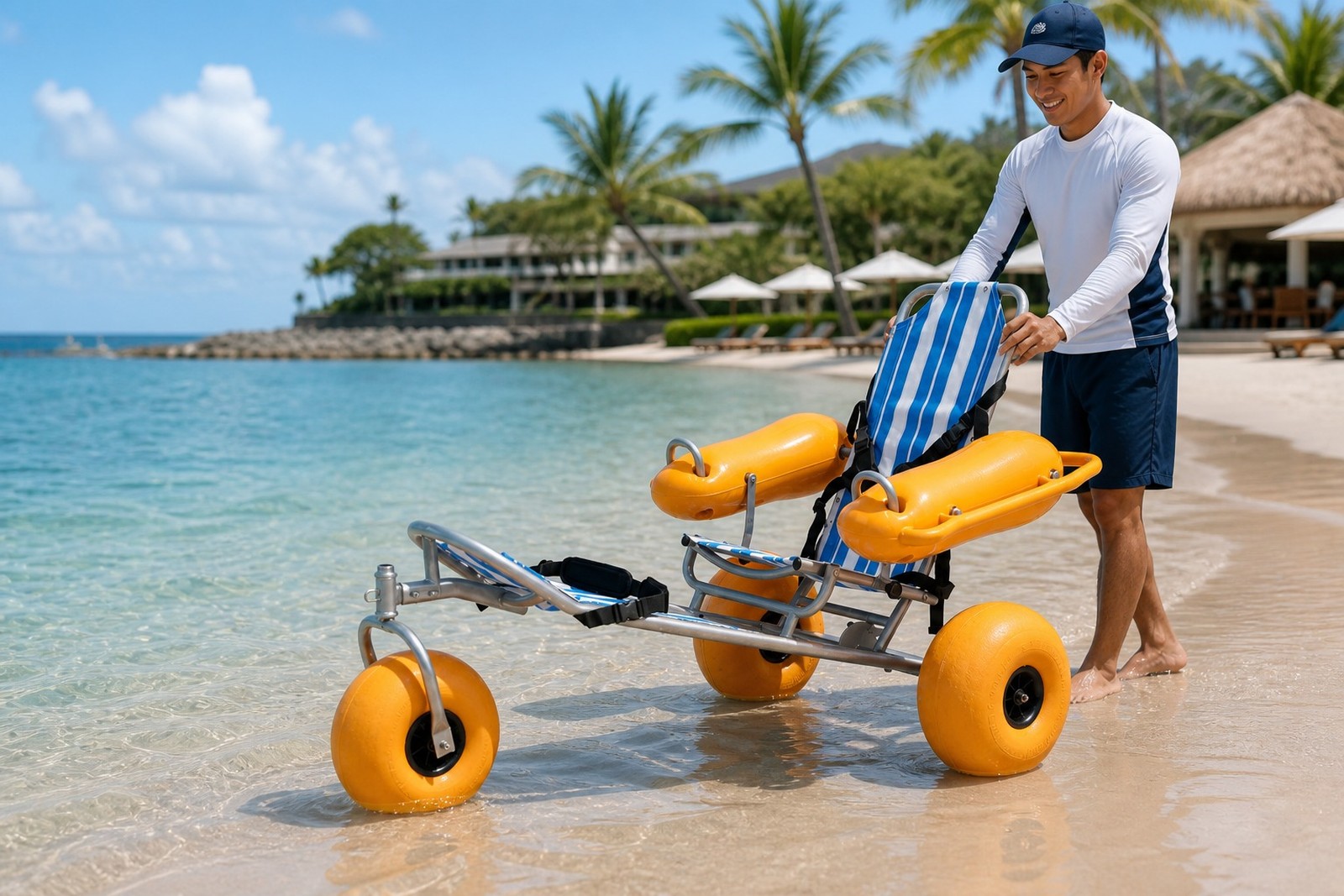 Floating beach wheelchair resort entry