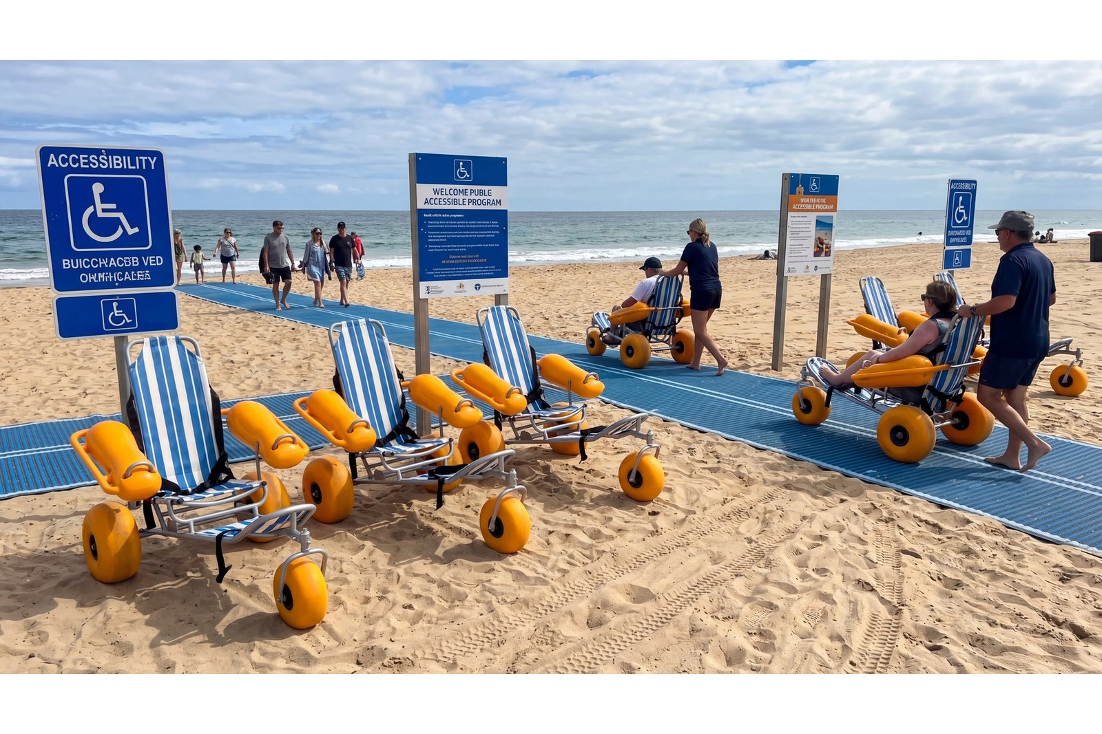 Floating beach wheelchair rental station