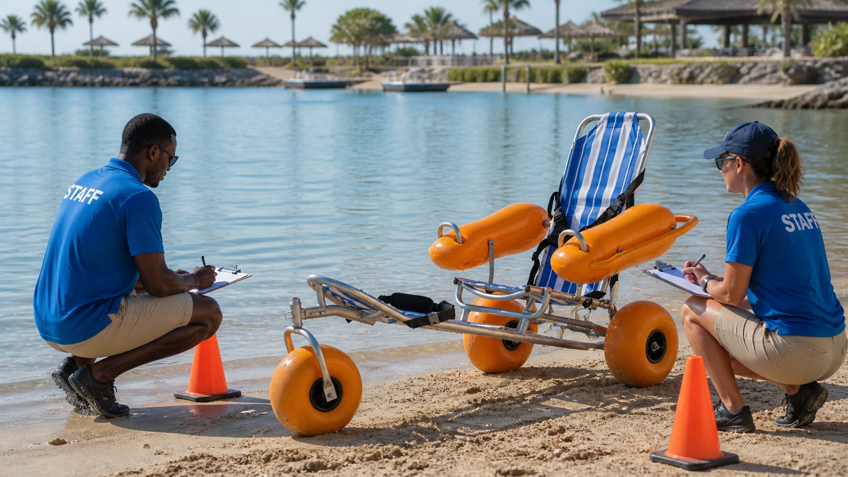 What site conditions shape a floating beach wheelchair program