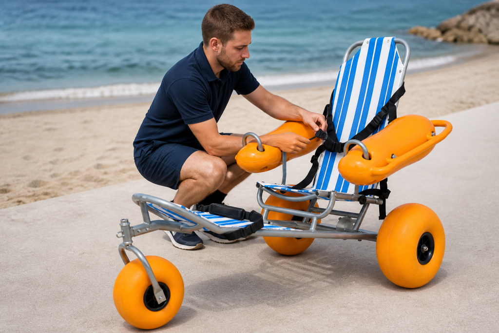floating beach wheelchair operating procedure scene: what chair inspection belongs before guest arrival