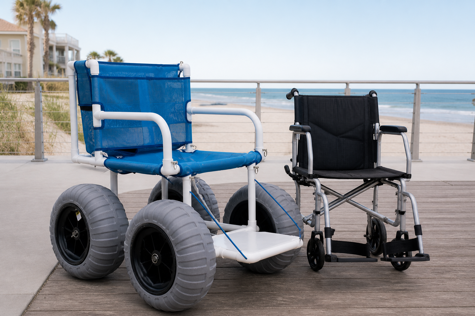 product-faithful beach wheelchair beside a compact transport chair on a firm boardwalk, clear wheel and frame differences