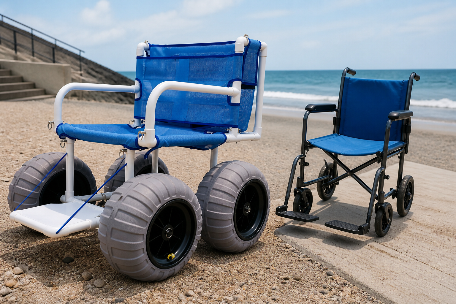 low close-up comparing four wide gray balloon tires on the beach chair with four small narrow transport-chair wheels at a sand edge