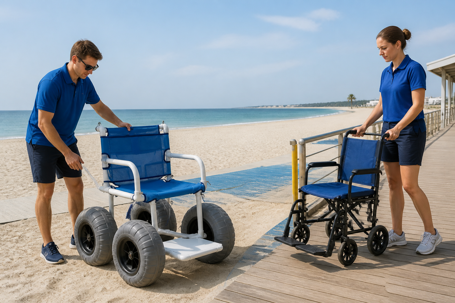 two trained staff members practicing separate empty-chair workflows with the beach wheelchair on sand and transport chair on boardwalk
