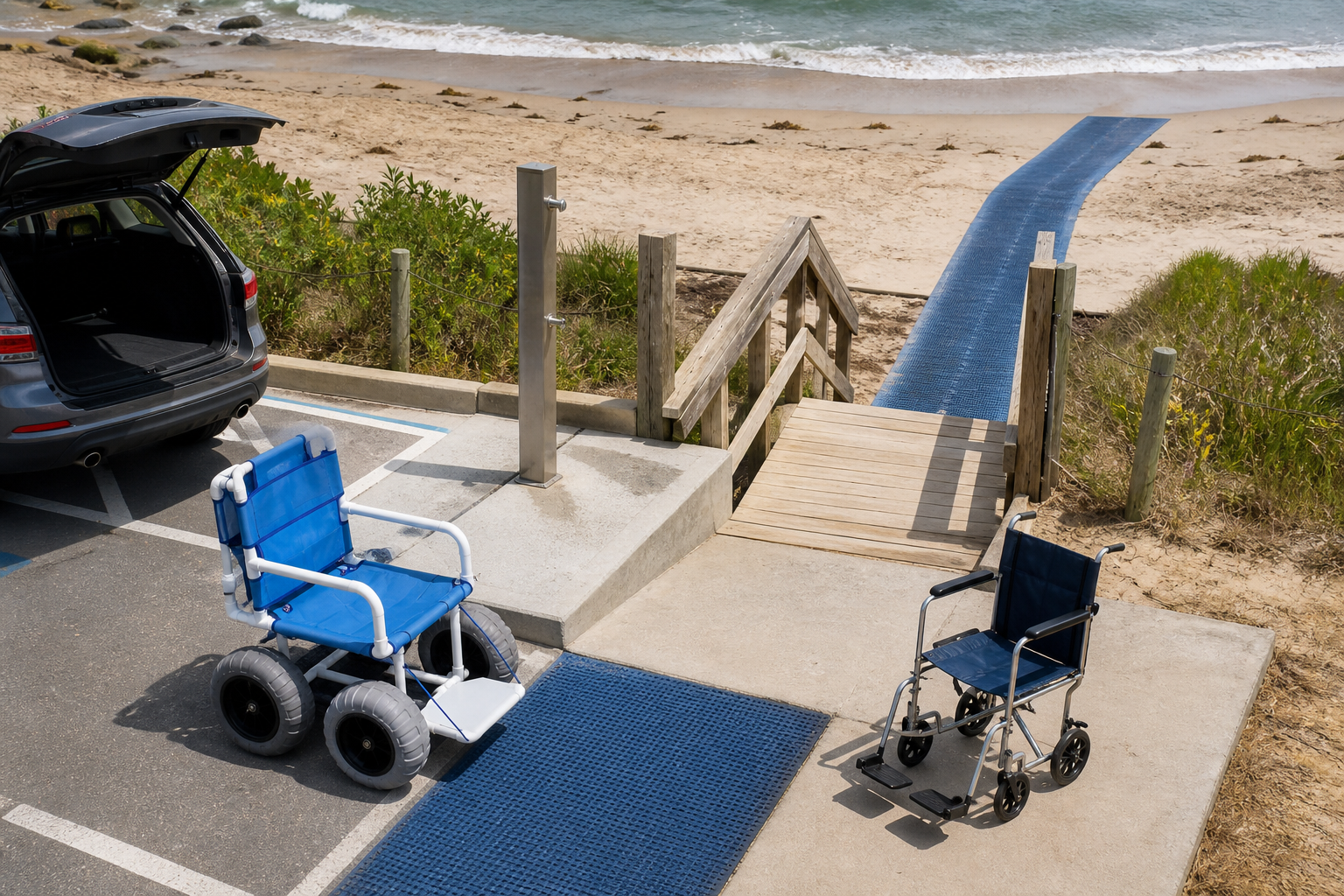 overhead coastal access route showing parking, firm path, boardwalk, mat, soft sand, and waterline with both empty chair types staged in their zones