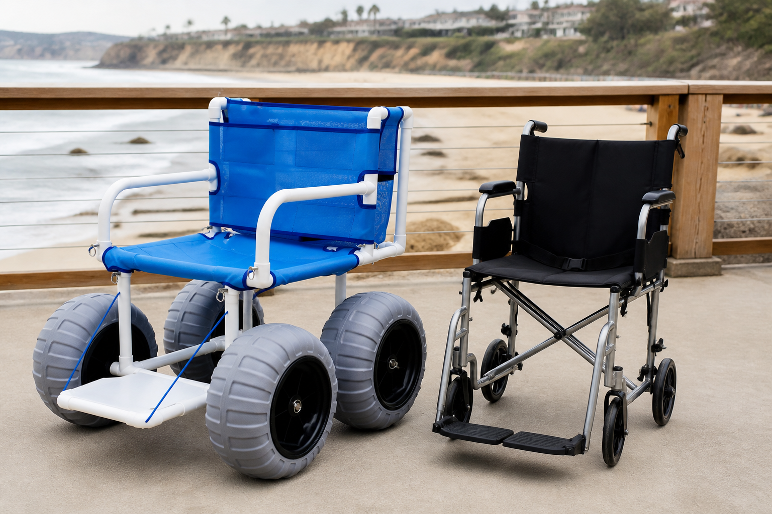 side-by-side empty-chair seating detail review showing back, seat, arm, foot, and restraint attachment points without users