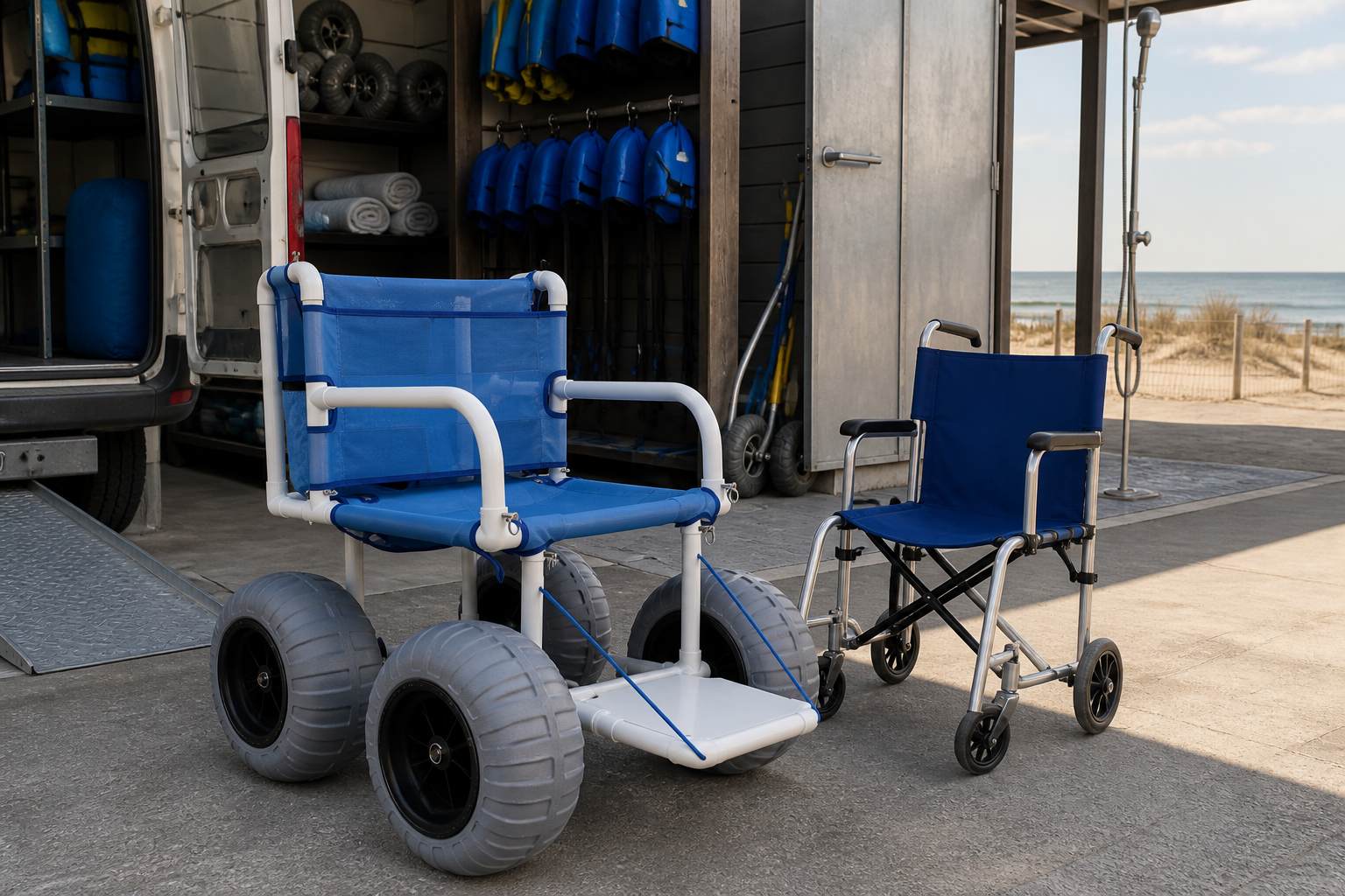 beach wheelchair and compact transport chair staged beside a service vehicle, doorway, storage rack, and drying bay
