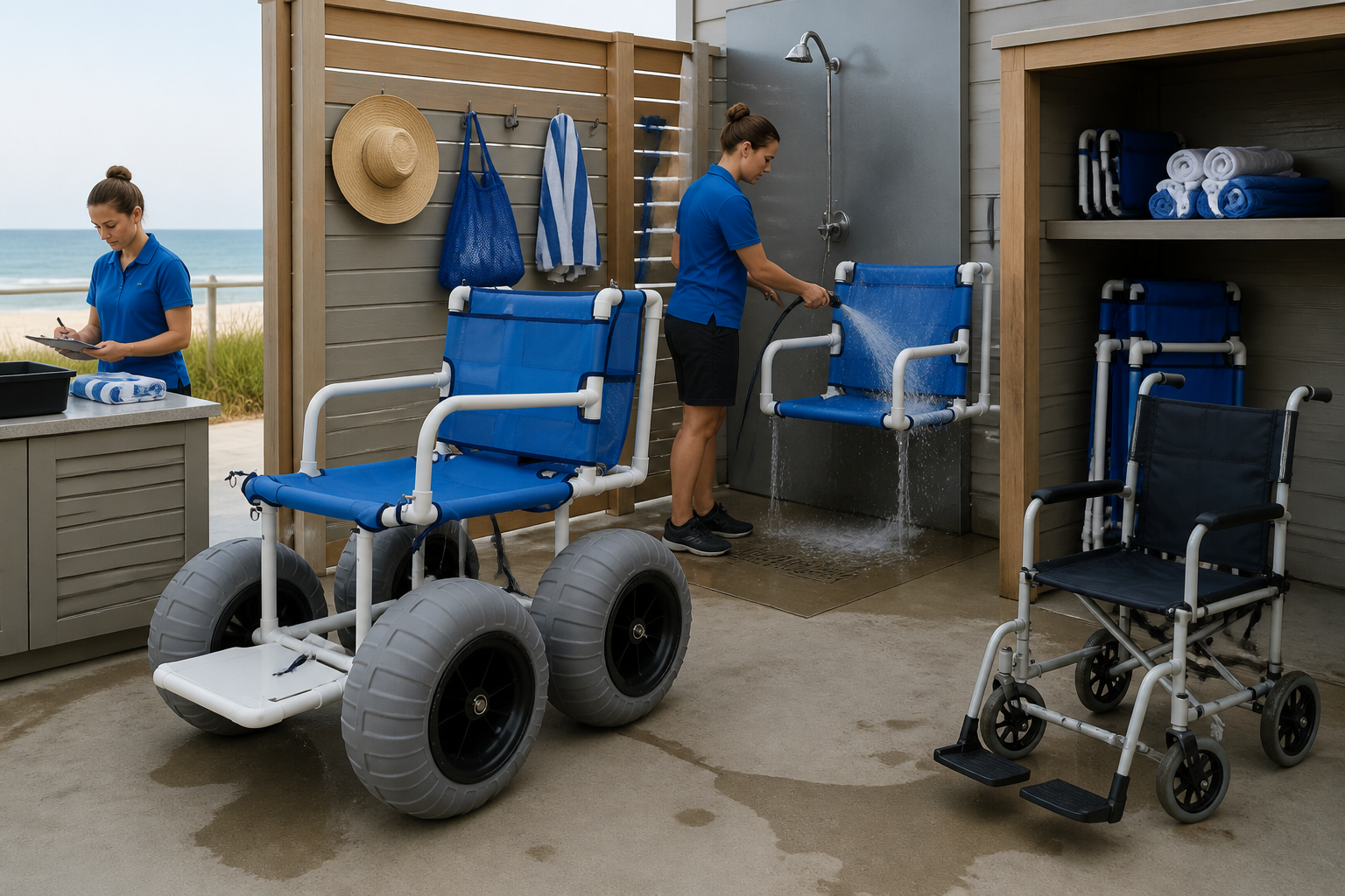 separate care stations for the beach wheelchair and transport chair with inspection cards, rinse area for coastal equipment, and dry storage