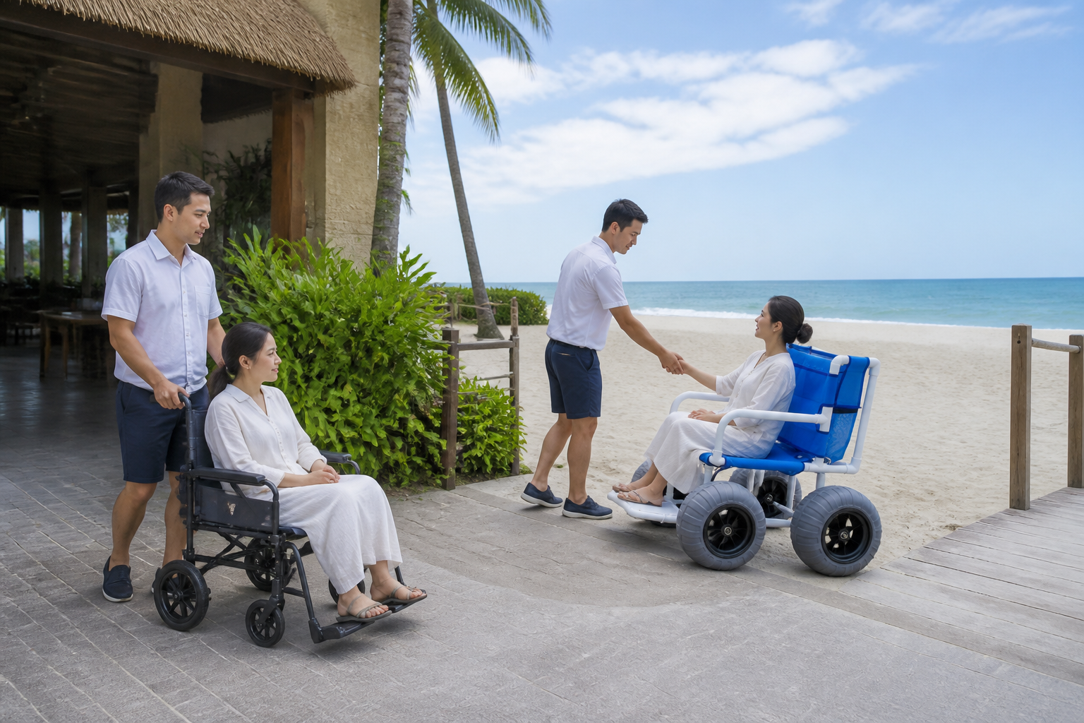 resort access service using transport chair on paved arrival route and product-faithful beach wheelchair from boardwalk to sand with a clear handoff zone