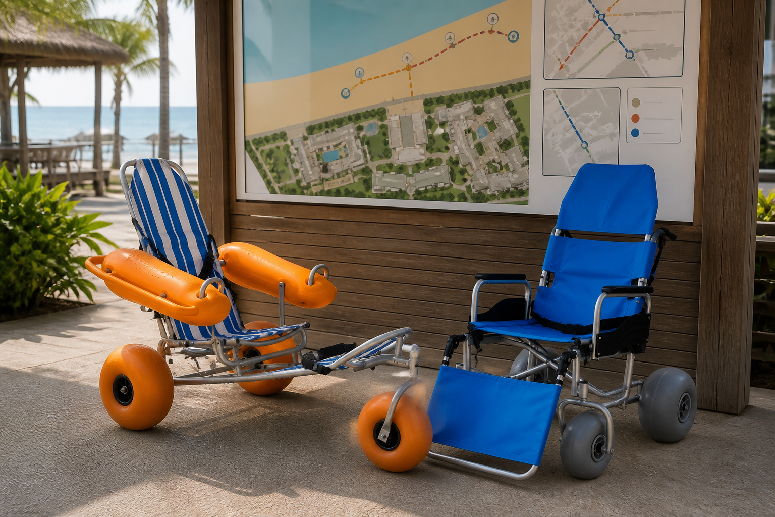 floating orange-wheel chair and blue all-terrain sand chair staged beside a resort route map and separate service zones