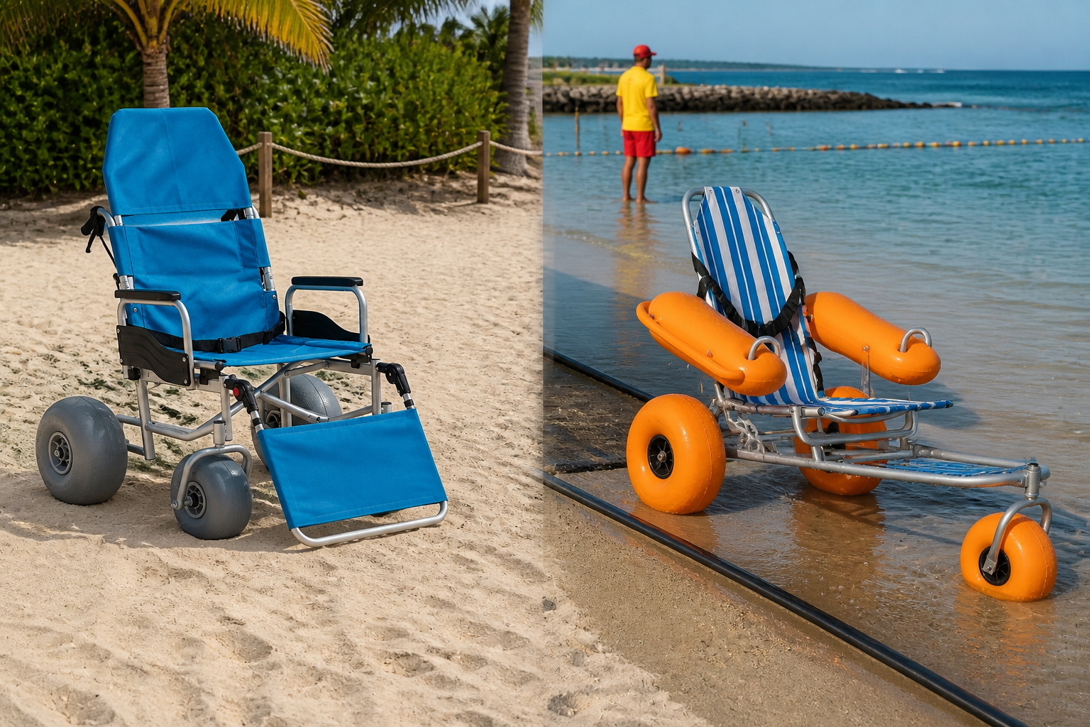 split photorealistic scene showing gray-wheel all-terrain chair on deep dry sand and orange floating chair at calm supervised water entry