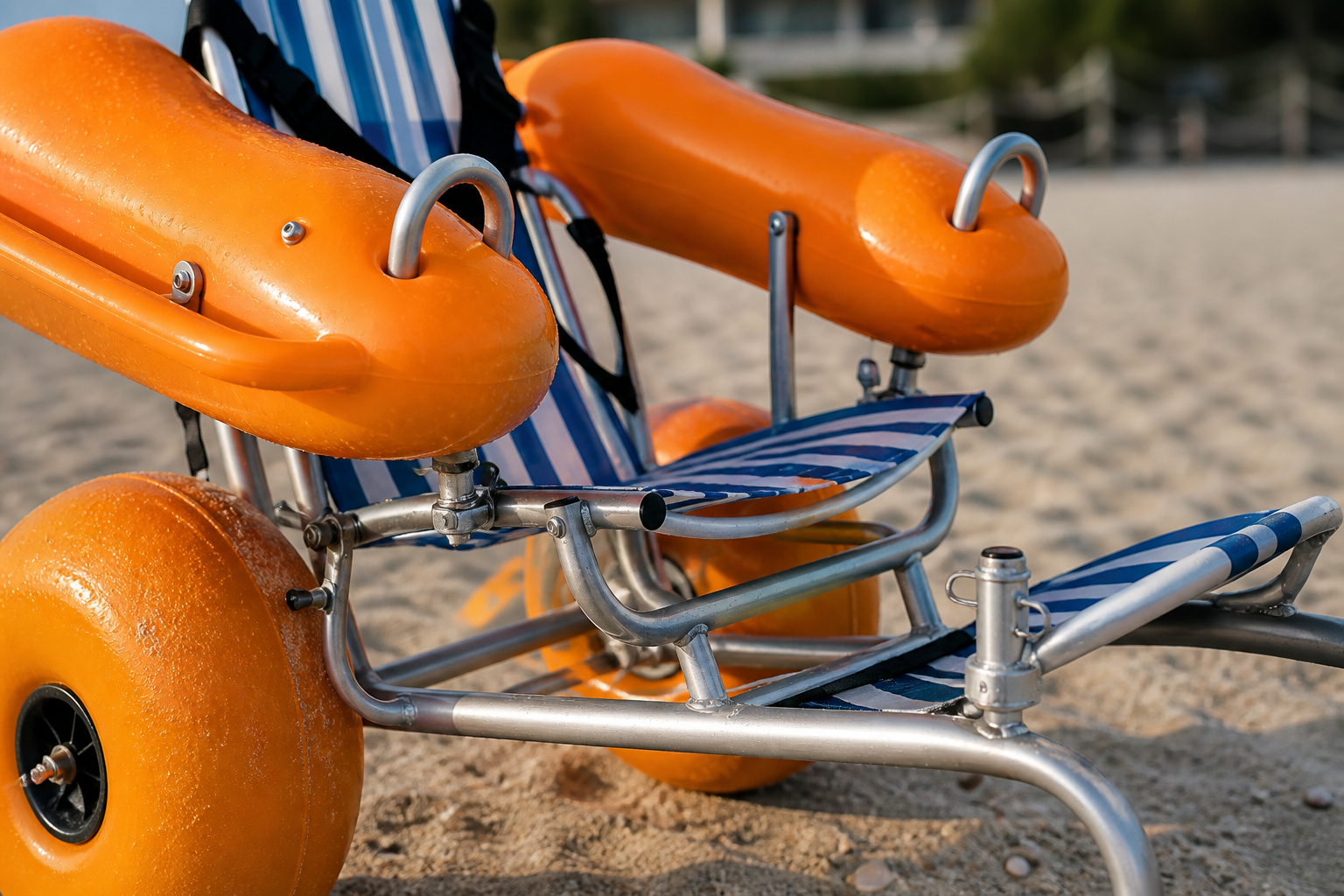 macro detail of orange buoyant arm floats, orange balloon wheels, silver frame joints, striped seat, and attachment hardware with inspection lighting
