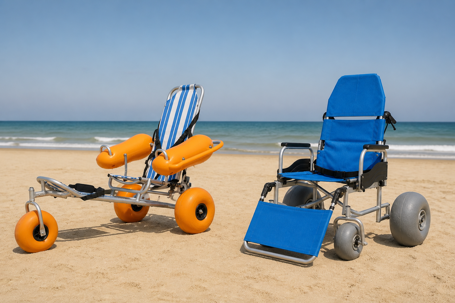 side and front product views comparing orange three-wheel floating chair geometry with blue four-wheel gray-tire sand chair geometry on neutral beach studio