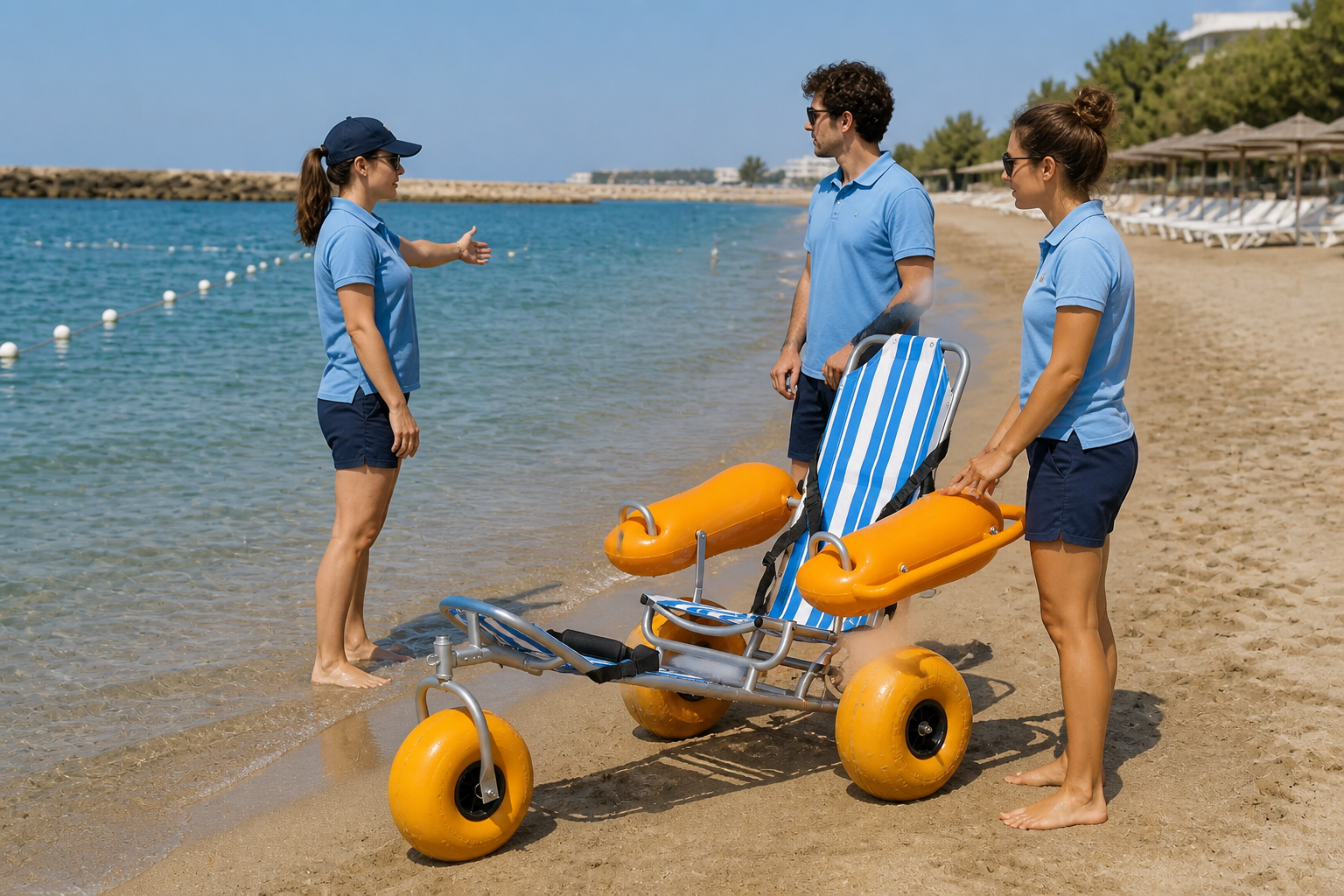 trained resort team rehearsing with an empty floating chair at a calm marked shoreline entry, spotter and route lead visible