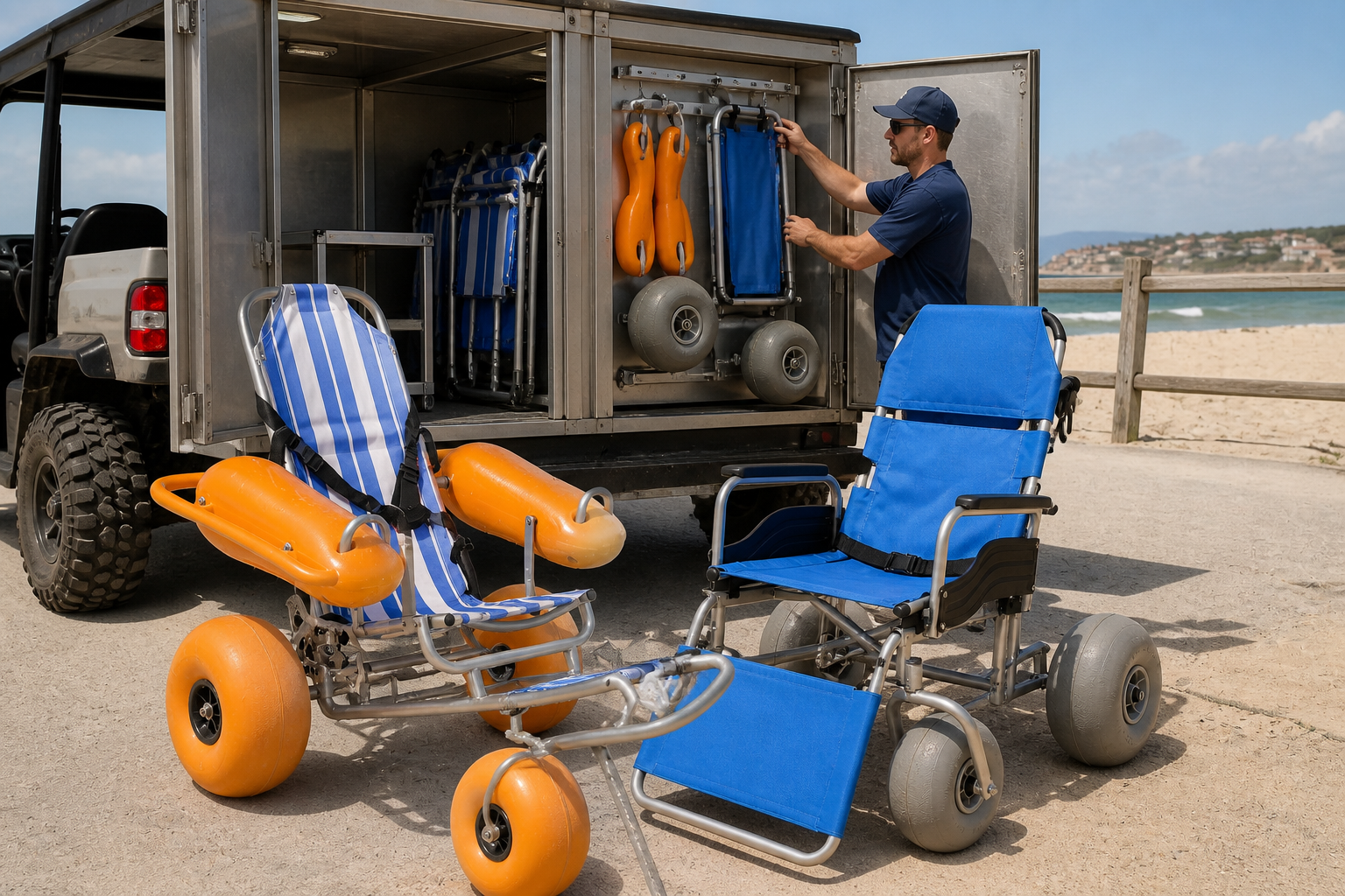 floating orange chair and all-terrain blue chair beside an open utility vehicle, wide storage bay, labeled detachable parts rack, and drying space