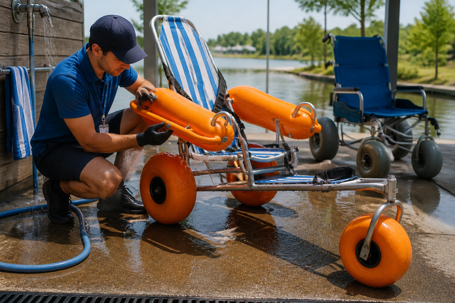 staff caring for empty floating chair at fresh-water rinse and drying station, inspecting orange floats, frame joints, wheels, fabric, and straps