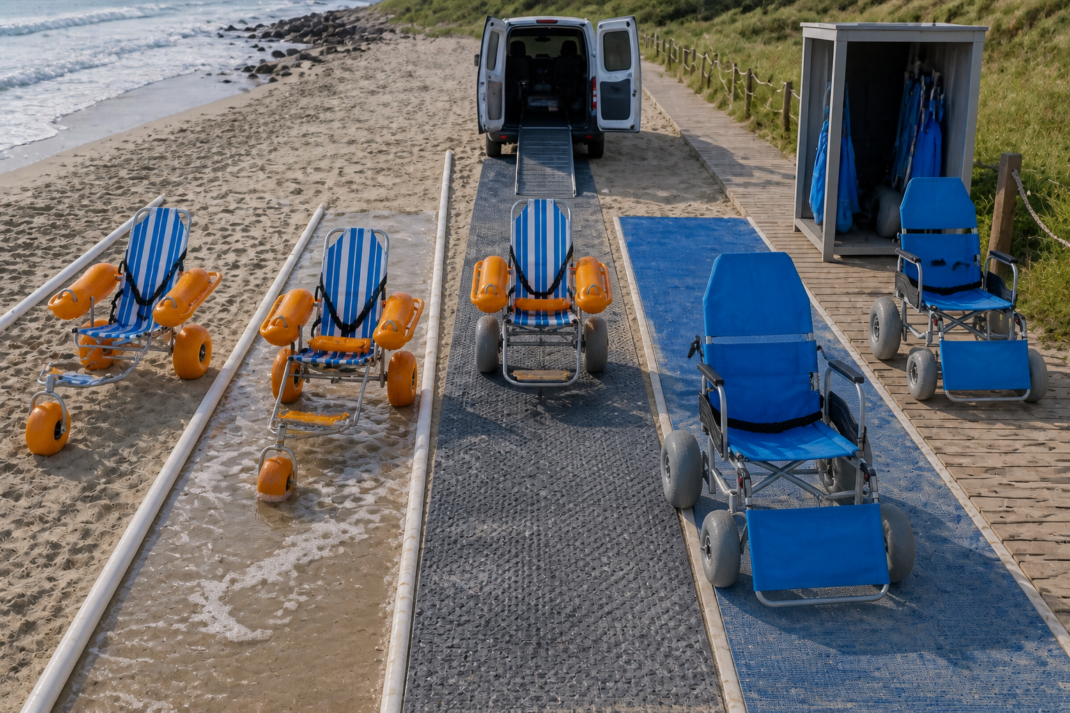 empty floating and all-terrain chairs moving through separate marked trial lanes for sand, shoreline staging, transport, care, and storage