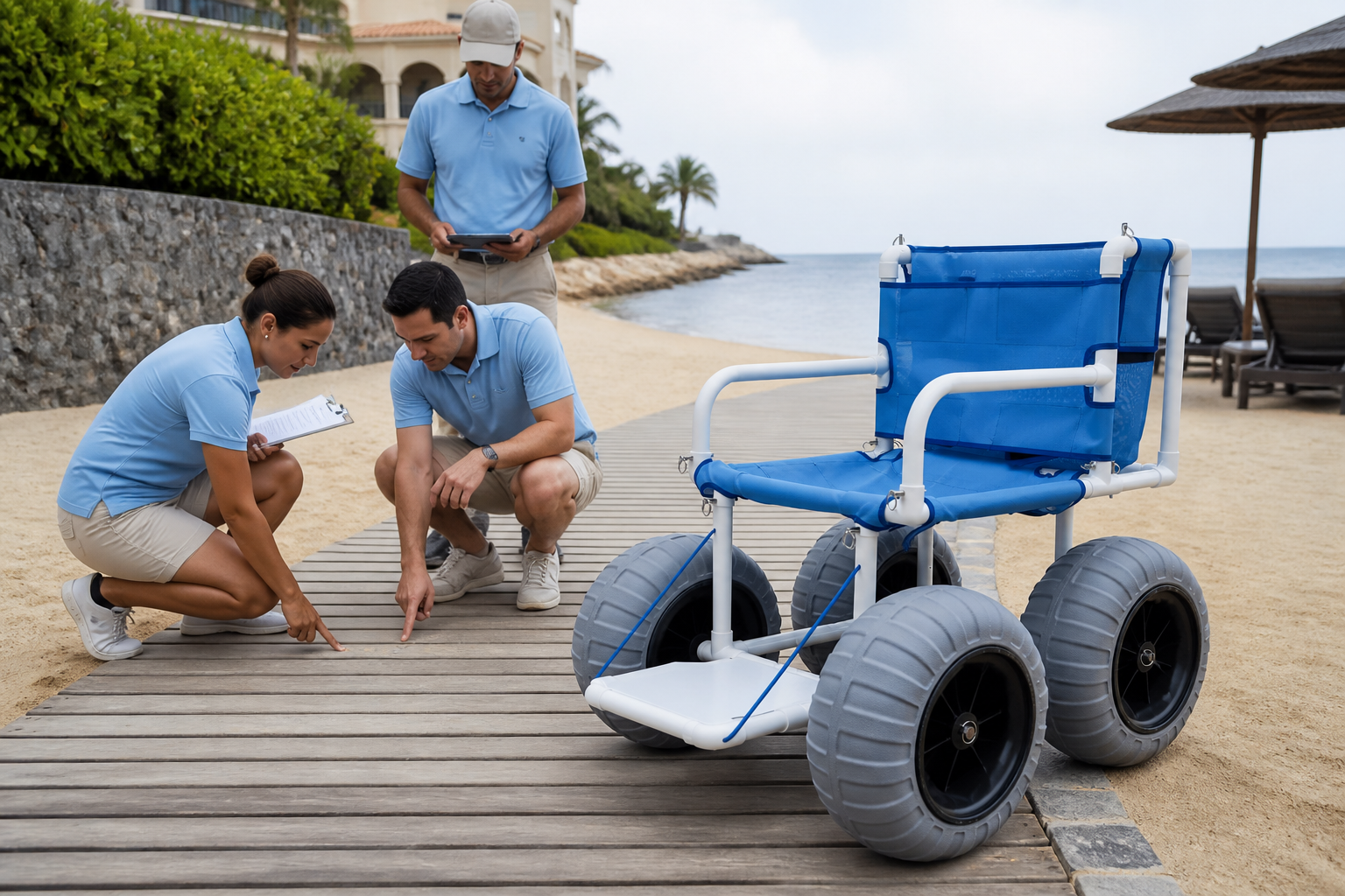 a resort operations team mapping a boardwalk-to-sand route around an empty product-faithful manual beach wheelchair