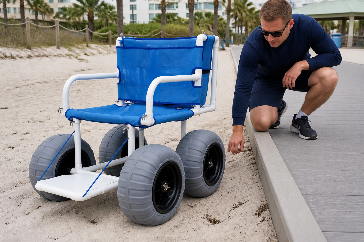 the same manual beach wheelchair shown on dry sand beside a firm boardwalk edge during a terrain review