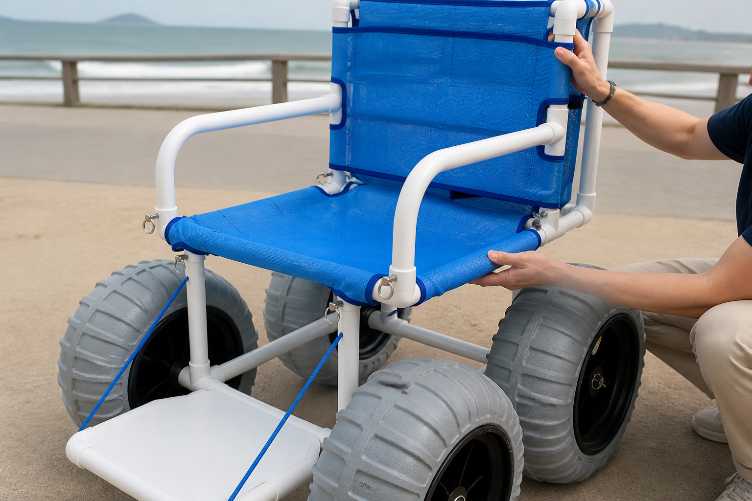 close product-detail scene of the blue mesh seat, back, arm rails, lap support, and footrest during a buyer fit review, no person seated