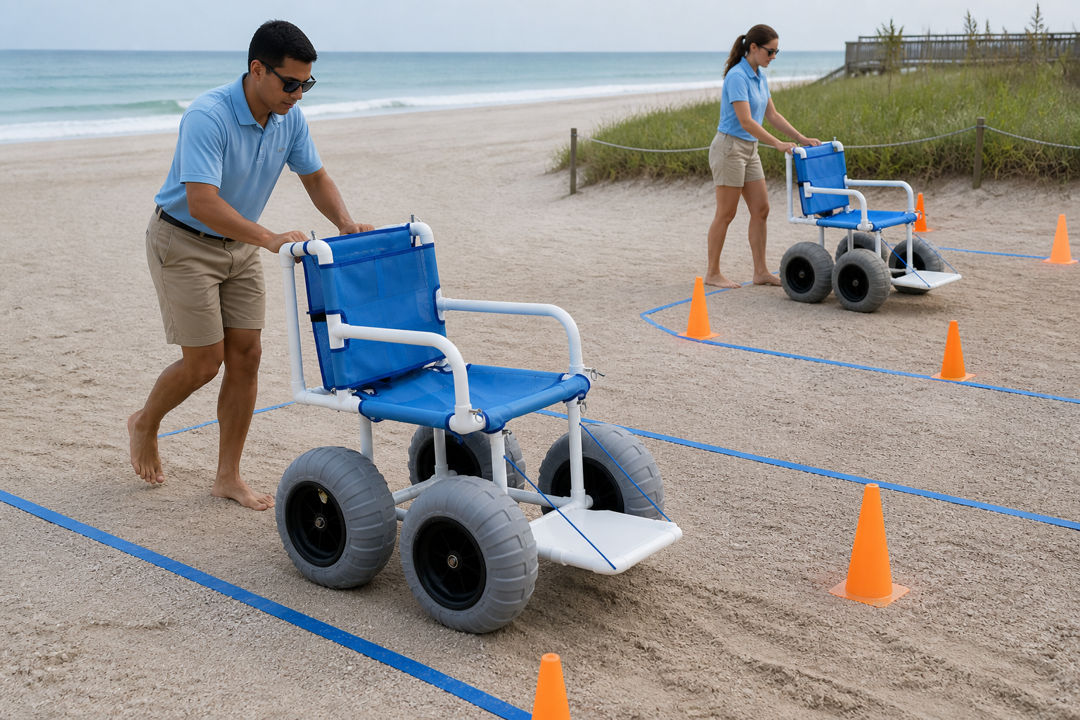 two resort staff members practicing empty-chair pushing, turning, braking, and parking on a marked sand training lane