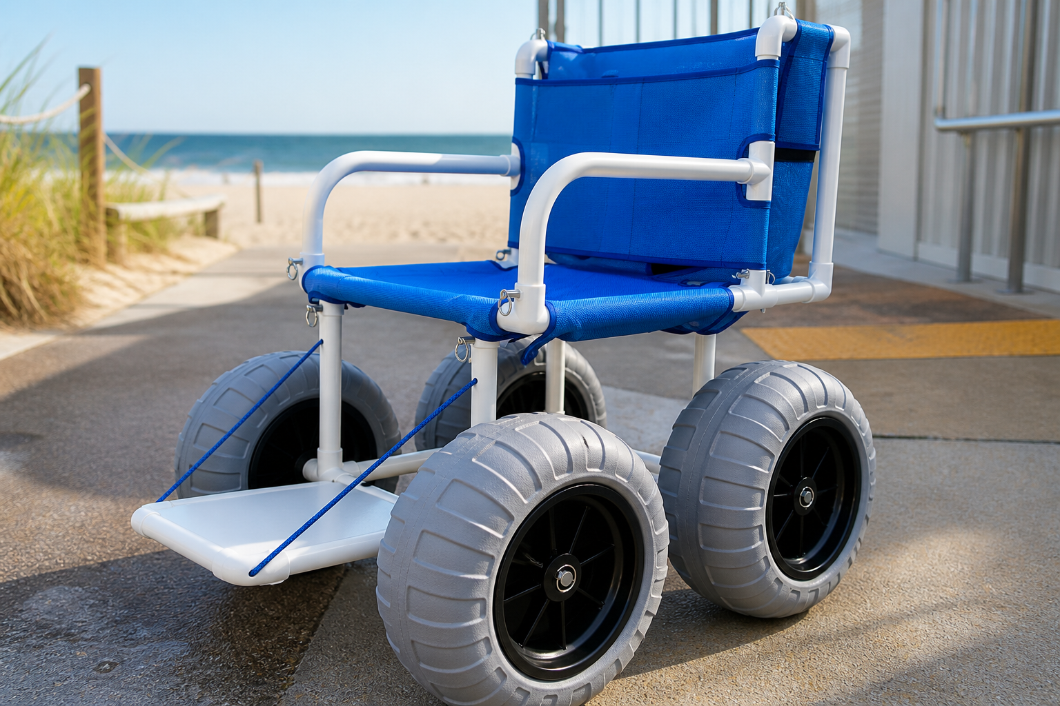 macro product photography of white PVC joints, axle mounts, gray balloon tires, black hubs, blue mesh attachment, and footrest cords