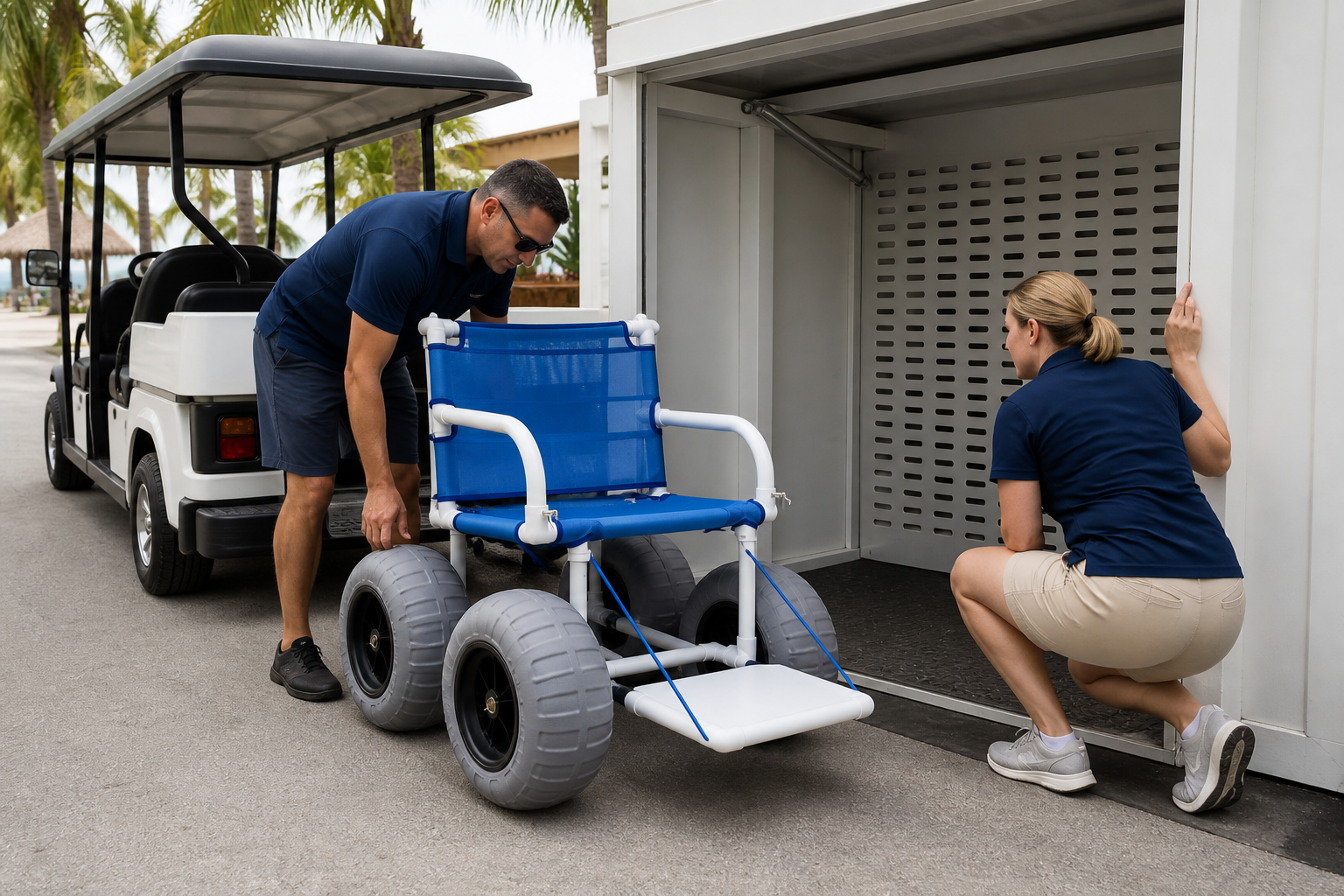manual beach wheelchair beside an open resort utility vehicle and a ventilated storage bay, with staff checking clearances