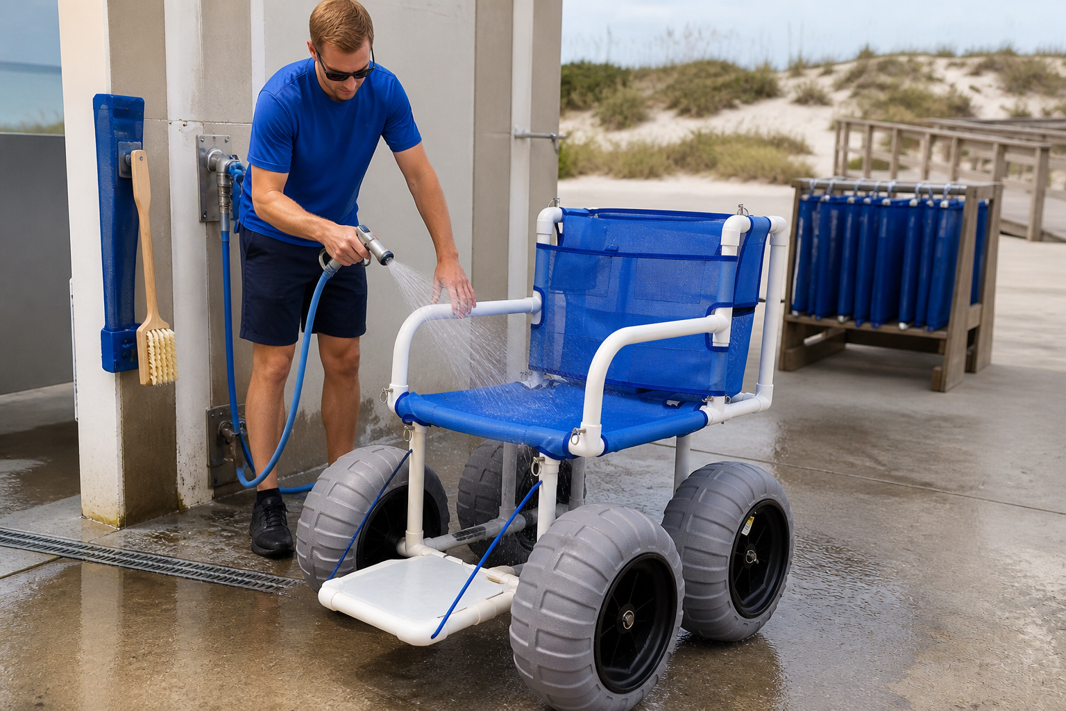 staff rinsing an empty manual beach wheelchair at a clean outdoor care station with fresh water, soft brush, drying rack, and no chemicals shown
