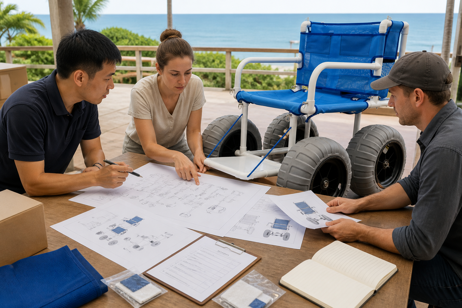 procurement team reviewing a product drawing, parts list, care instructions, packing list, and sample label beside the manual beach wheelchair